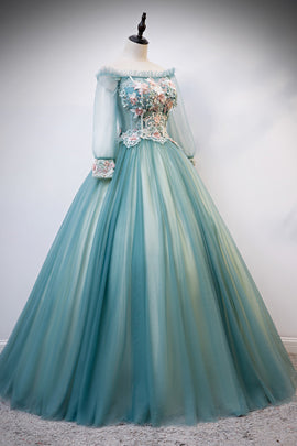Beautiful Light Green Ball Gown Long Sleeves Party Dress with Lace, Sweet 16 Gown Formal Dresses