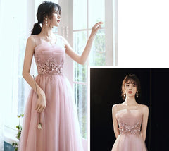 Beautiful Pink Tulle Straps Party Dress with Flower Lace Applique, Pink Evening Dress