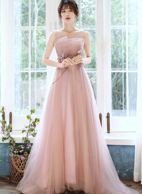 Beautiful Pink Tulle Straps Party Dress with Flower Lace Applique, Pink Evening Dress