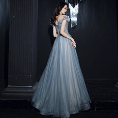 Beautiful Pretty Bue Beaded Off Shoulder Long Formal Dress Party Dress, Blue Evening Gowns