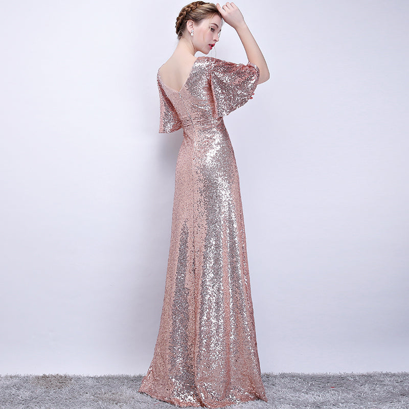 Beautiful Rose Gold Sequins Long Bridedsmaid Dresses, A-line Sequins Party Dress