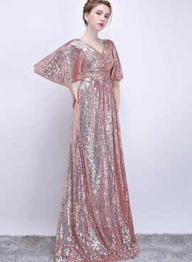 Beautiful Rose Gold Sequins Long Bridedsmaid Dresses, A-line Sequins Party Dress