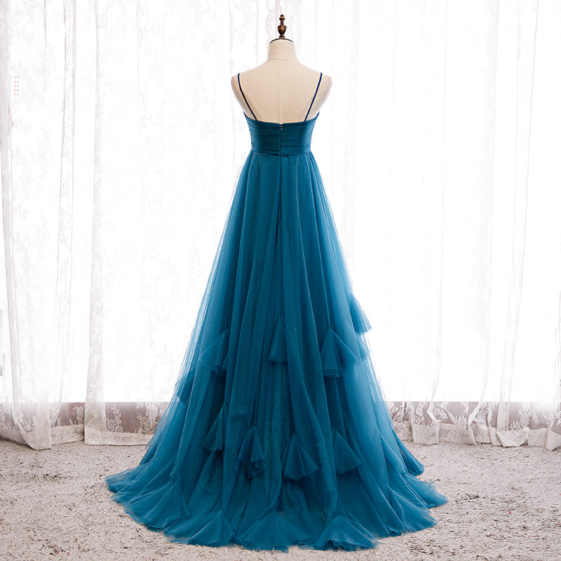 Beautiful Teal Blue Tulle Straps Long High Waist Prom Dress, Blue Even