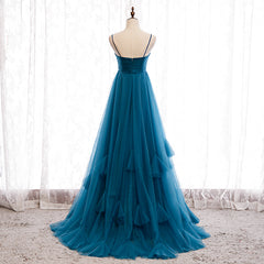 Beautiful Teal Blue Tulle Straps Long High Waist Prom Dress, Blue Evening Party Dresses