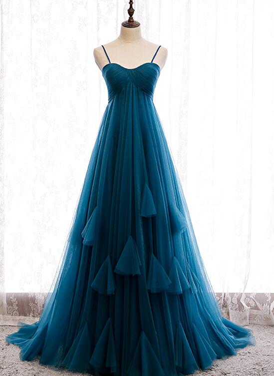 Beautiful Teal Blue Tulle Straps Long High Waist Prom Dress, Blue Evening Party Dresses