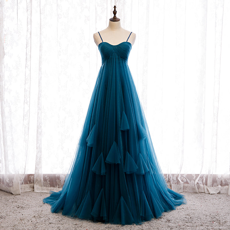 Beautiful Teal Blue Tulle Straps Long High Waist Prom Dress, Blue Even Cutedressy Beautiful Teal Blue Tulle Straps Long High Waist Prom Dress, Blue Even Cutedressy