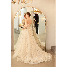 Beautiful Tulle Straps Champagne Court Train Long Formal Evening Gowns, Sweetheart Formal Dresses