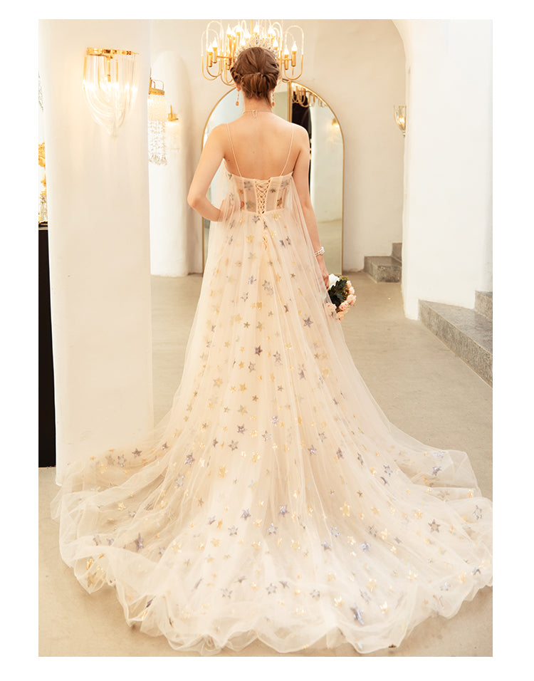 Elegant Tulle Court Train Long Prom Dresses with Beaded   cg13044 main image 1