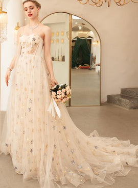 Beautiful Tulle Straps Champagne Court Train Long Formal Evening Gowns, Sweetheart Formal Dresses