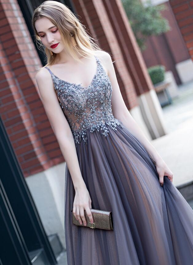 Beautiful Tulle V-neckline Beaded and Lace Long Party Dress, New A-line Prom Dress