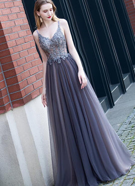 Beautiful Tulle V-neckline Beaded and Lace Long Party Dress, New A-line Prom Dress