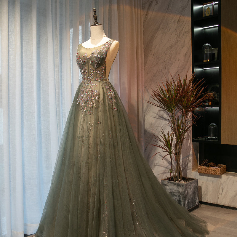  Beautiful Tulle with Applique Light Green Round Neckline Prom Dress, Low Black Long Formal Dress