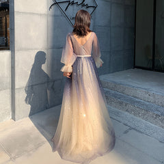 Beautiful V-neckline Long Puffy Sleeves Gradient Party Dress, Long Shiny Prom Dress Formal Dresses