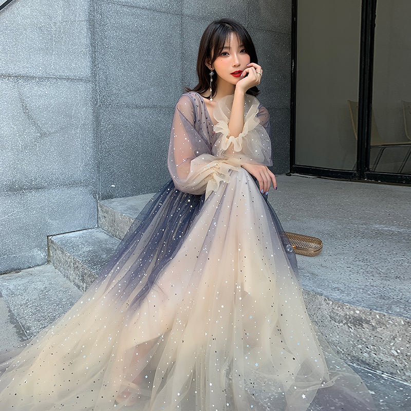 Beautiful V-neckline Long Puffy Sleeves Gradient Party Dress, Long Shi Cutedressy Beautiful V-neckline Long Puffy Sleeves Gradient Party Dress, Long Shi Cutedressy