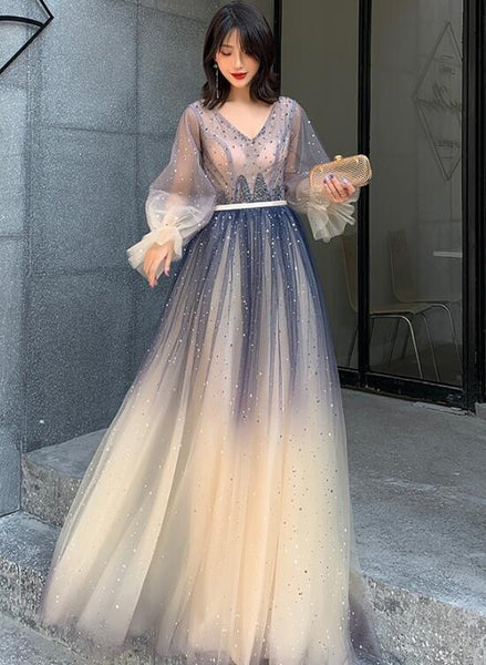 Beautiful V-neckline Long Puffy Sleeves Gradient Party Dress, Long Shi Cutedressy Beautiful V-neckline Long Puffy Sleeves Gradient Party Dress, Long Shi Cutedressy