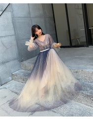 Beautiful V-neckline Long Puffy Sleeves Gradient Party Dress, Long Shiny Prom Dress Formal Dresses