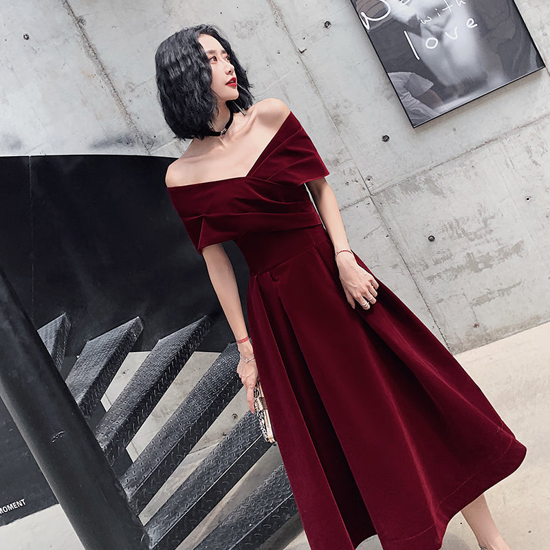 Beautiful Velvet Off Shoulder Black Tea Length Evening Dresses, New Chic Prom Dress Beautiful Velvet Off Shoulder Black Tea Length Evening Dresses, New Chic Prom Dress