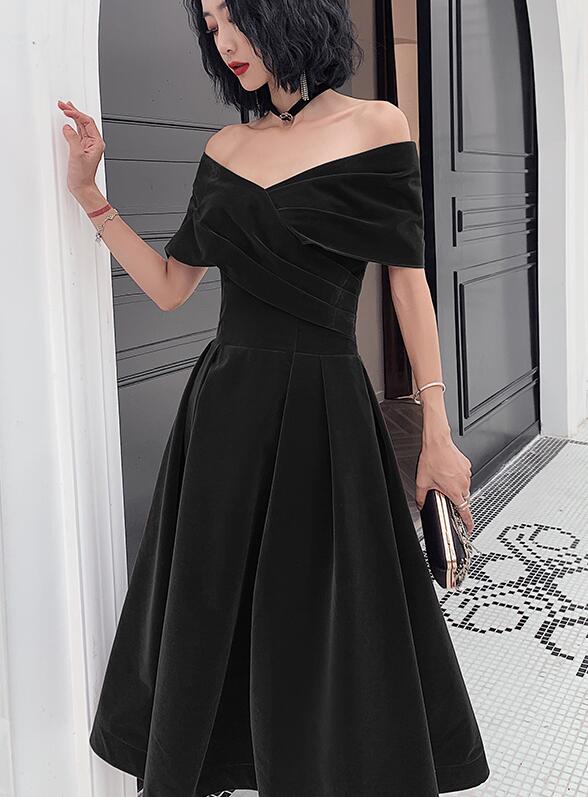 Beautiful Velvet Off Shoulder Black Tea Length Evening Dresses, New Chic Prom Dress