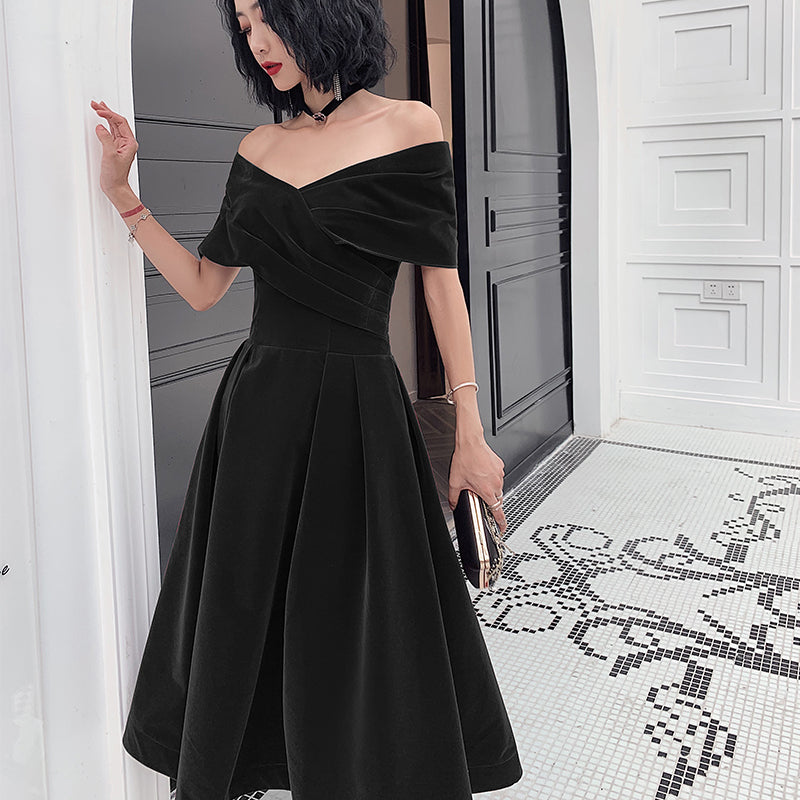 Beautiful Velvet Off Shoulder Black Tea Length Evening Dresses, New Chic Prom Dress