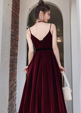 Beautiful Wine Red Velvet Long Party Dress Prom Dress, Dark Red Evening Dresses
