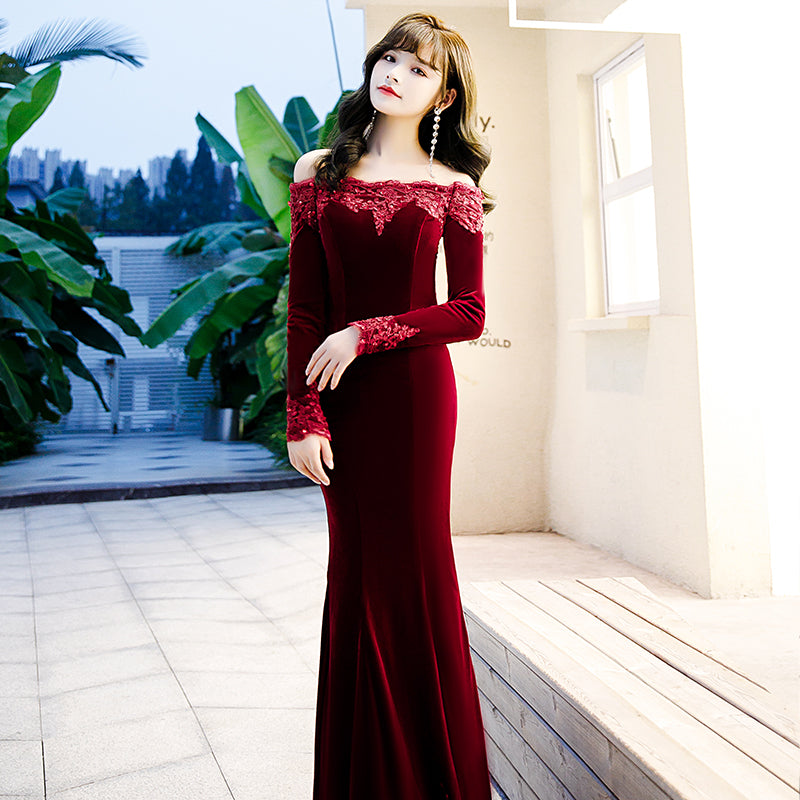 Beautiful Wine Red Velvet Mermaid Long Evening Dress Party Dress, Long Evening Dresses