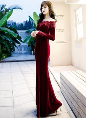 Beautiful Wine Red Velvet Mermaid Long Evening Dress Party Dress, Long Evening Dresses