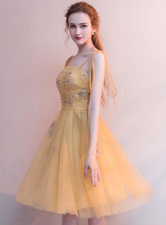 Beautiful Yellow Tulle with Lace Applique Short Party Dress, Yellow Homecoming Dresses