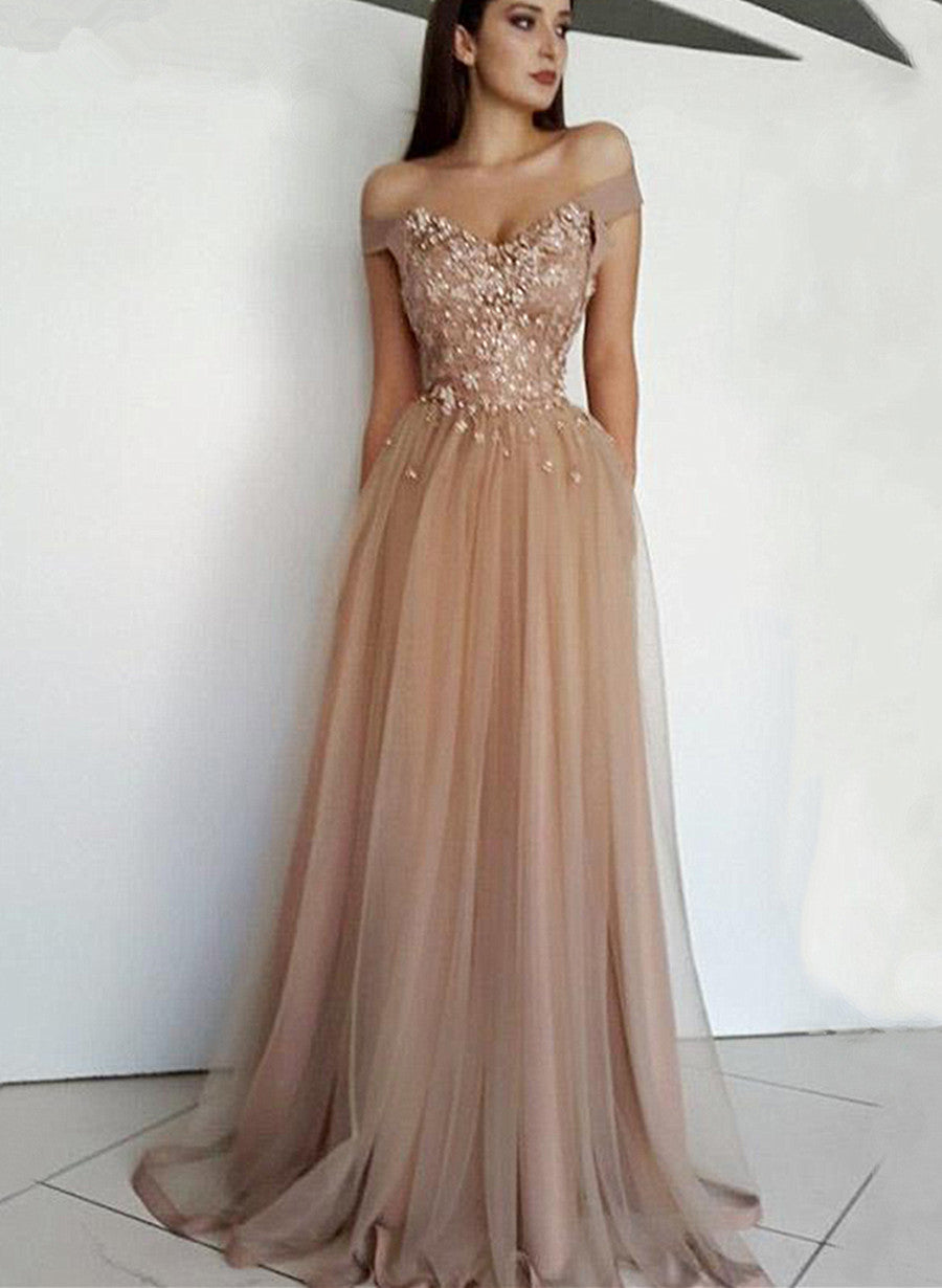 Champagne Beaded Sweetheart Long Tulle Prom Dress, Champagne Party Dress