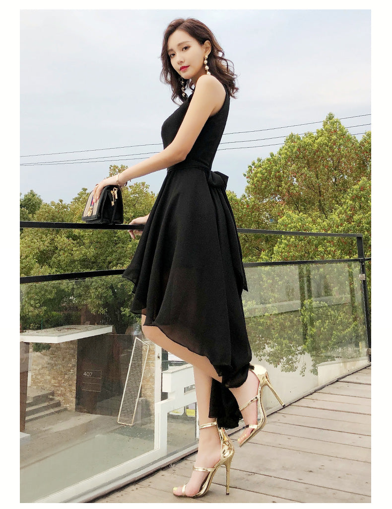 Black Chiffon Halter High Low Party Dress Homecoming Dress, Black Brid Cutedressy Black Chiffon Halter High Low Party Dress Homecoming Dress, Black Brid Cutedressy