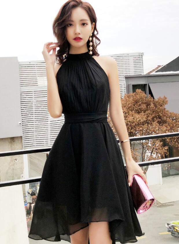 Black Chiffon Halter High Low Party Dress Homecoming Dress, Black Bridesmaid Dresses Black Chiffon Halter High Low Party Dress Homecoming Dress, Black Bridesmaid Dresses
