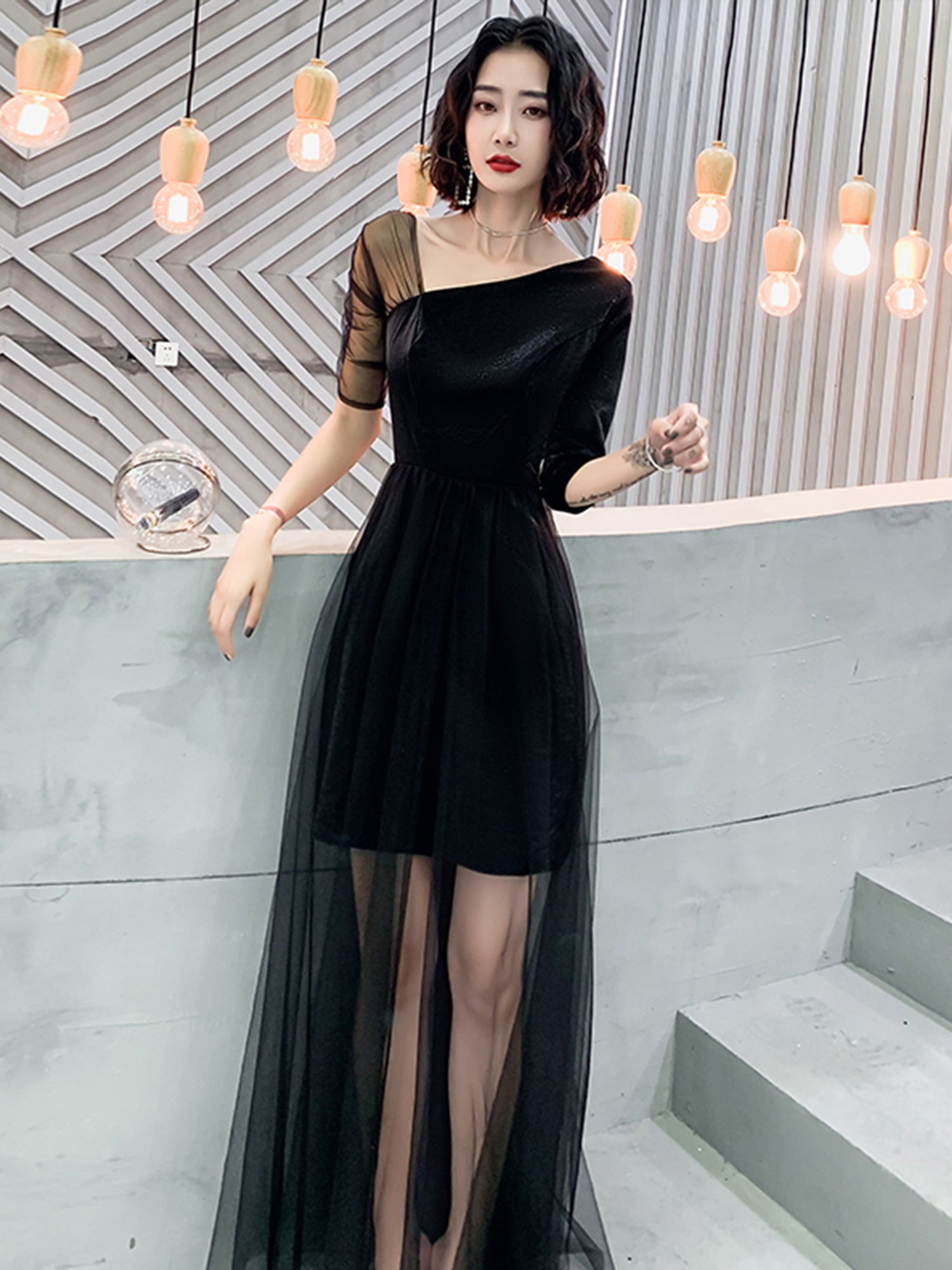 Black High Low Short Sleeves Party Dresses, Black Formal Dresses Homecoming Dresses Black High Low Short Sleeves Party Dresses, Black Formal Dresses Homecoming Dresses
