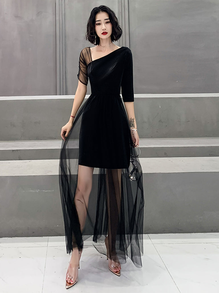 Black High Low Short Sleeves Party Dresses, Black Formal Dresses Homec