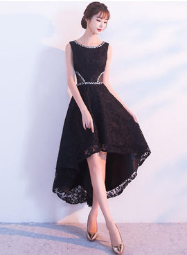 Black Lace High Low Beaded Short Party Dress, Black Homecoming Dress Prom Dress