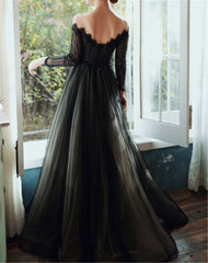 Black Lace Tulle Off Shoulder Long Party Dress with Beaded Long Party Dress, Black Evening Dress