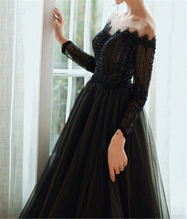 Black Lace Tulle Off Shoulder Long Party Dress with Beaded Long Party Dress, Black Evening Dress