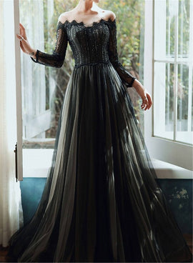 Black Lace Tulle Off Shoulder Long Party Dress with Beaded Long Party Dress, Black Evening Dress