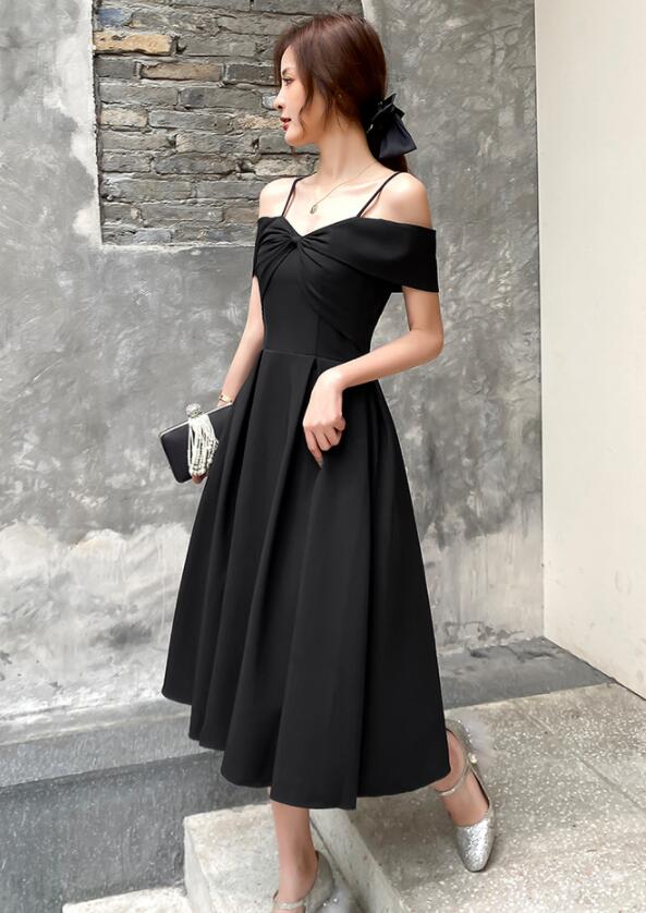 Black Off Shoulder Tea Length Wedding Party Dress, Black Prom Dress Homecoming Dress