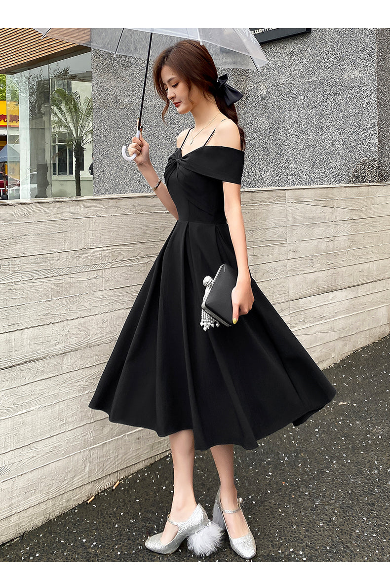 Black Off Shoulder Tea Length Wedding Party Dress, Black Prom Dress Ho Cutedressy Black Off Shoulder Tea Length Wedding Party Dress, Black Prom Dress Ho Cutedressy