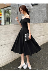Black Off Shoulder Tea Length Wedding Party Dress, Black Prom Dress Homecoming Dress