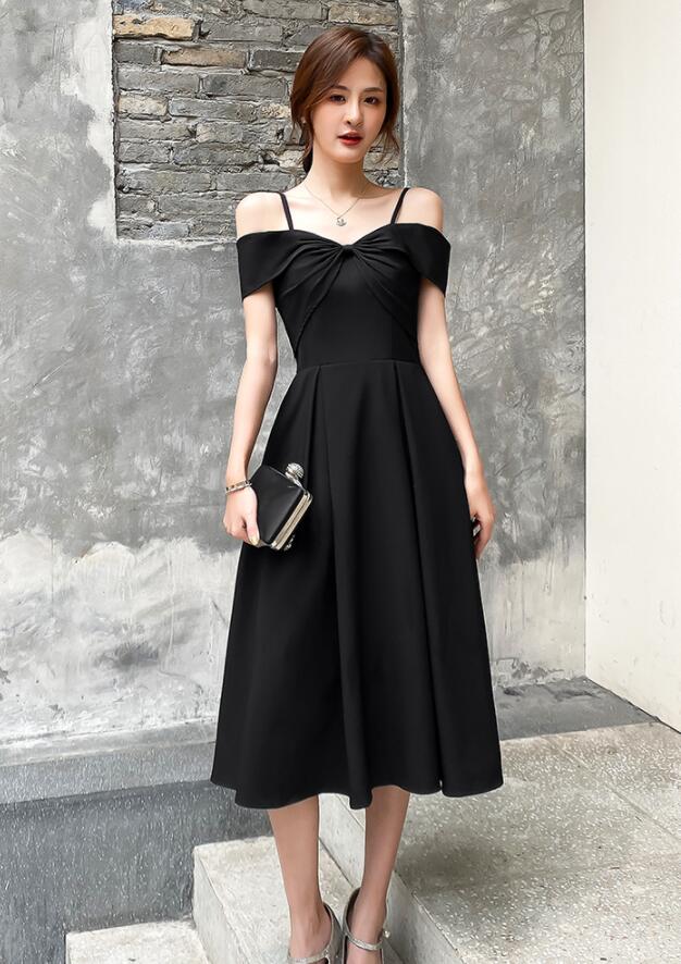 Black Off Shoulder Tea Length Wedding Party Dress, Black Prom Dress Ho Cutedressy Black Off Shoulder Tea Length Wedding Party Dress, Black Prom Dress Ho Cutedressy