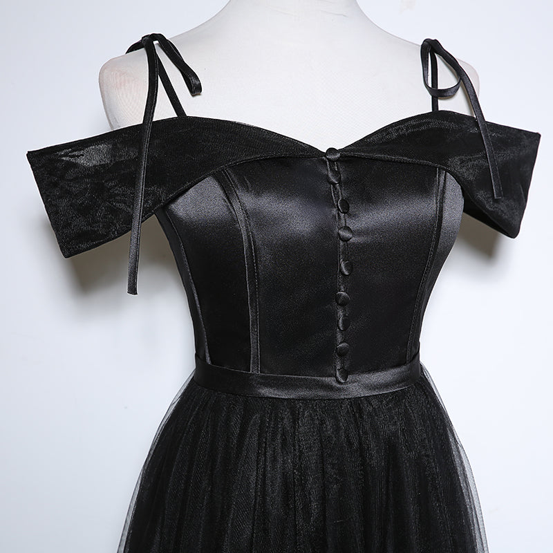 Black Off Shouldr A-line Satin with Tulle Prom Dress, Black Evening Dresses