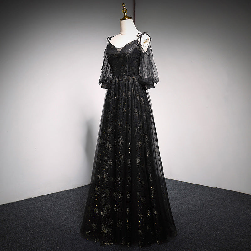 Black Straps Tulle Long Party Dress with Sleeves Evening Dress, Black Cutedressy Black Straps Tulle Long Party Dress with Sleeves Evening Dress, Black Cutedressy