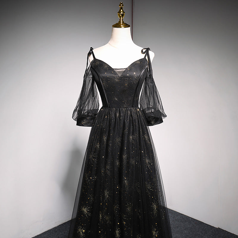 Black Straps Tulle Long Party Dress with Sleeves Evening Dress, Black Cutedressy Black Straps Tulle Long Party Dress with Sleeves Evening Dress, Black Cutedressy