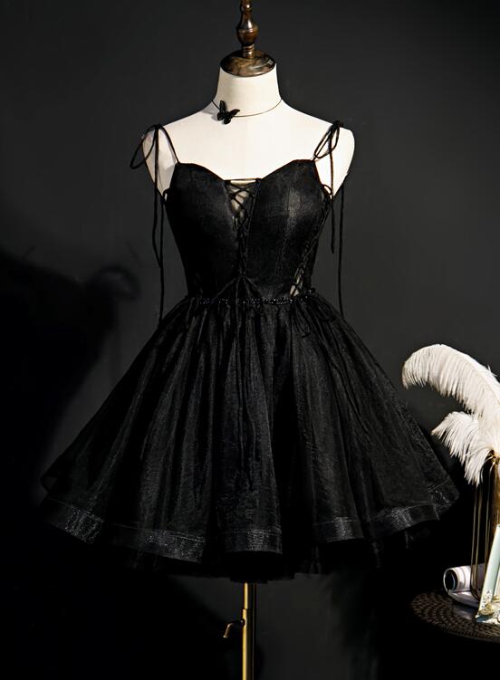 Black Straps Tulle Short Homecoming Dress Prom Dress, Little Black Par ...