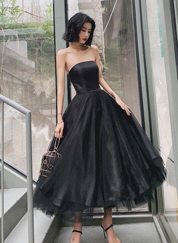 Black Tea Length Scoop Simple Tulle Homecoming Dress, Black Party Dresses Prom Dress