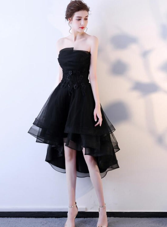 Black Tulle Flowers Lace High Low Strapless Homecoming Dress, Black Formal Dress