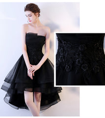 Black Tulle Flowers Lace High Low Strapless Homecoming Dress, Black Formal Dress