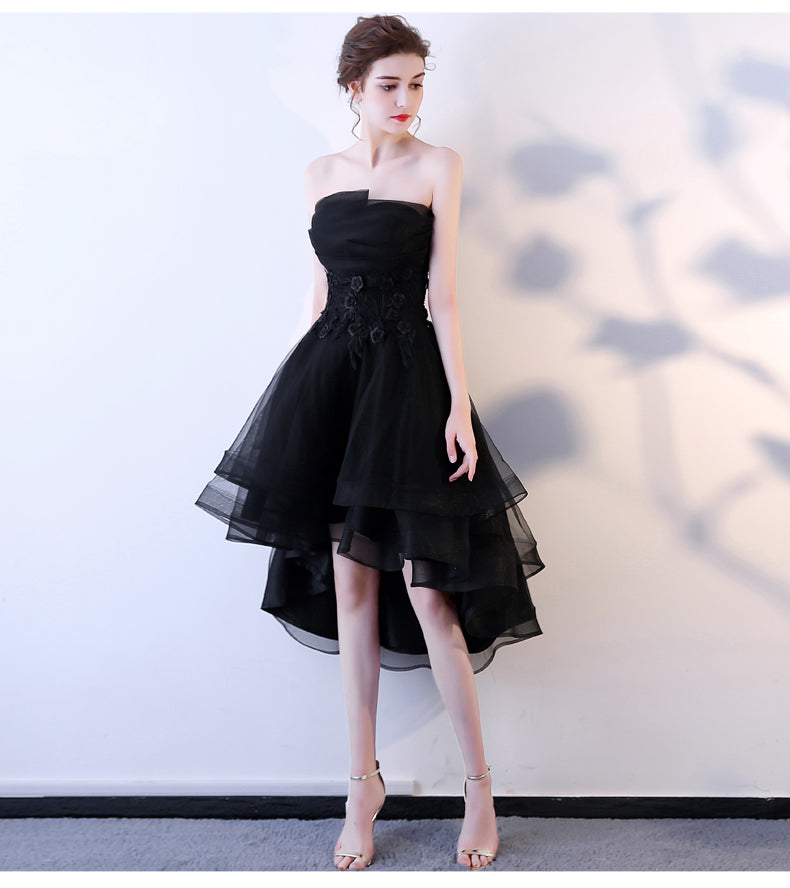 Black Tulle Flowers Lace High Low Strapless Homecoming Dress, Black Formal Dress