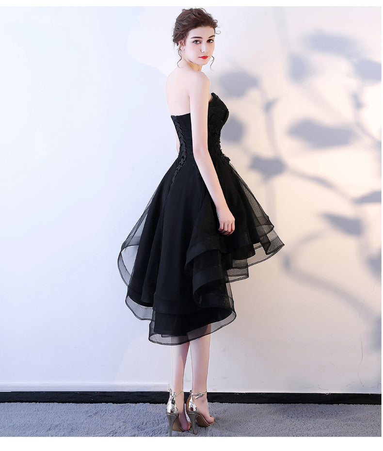 Black Tulle Flowers Lace High Low Strapless Homecoming Dress, Black Fo Cutedressy Black Tulle Flowers Lace High Low Strapless Homecoming Dress, Black Fo Cutedressy