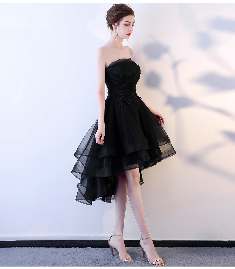 Black Tulle Flowers Lace High Low Strapless Homecoming Dress, Black Formal Dress